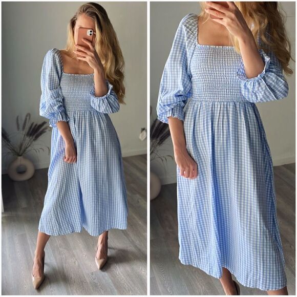 New Look Dresses & Skirts - New Look Petite shirred textured midi dress in blue gingham